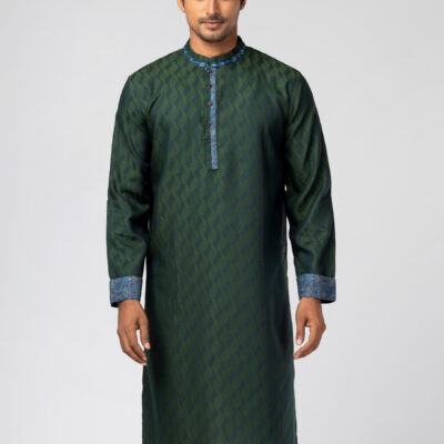 Green Textured and Embroidered Handloom Mixed Viscose Panjabi